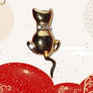 Crooked Tail Cat w/ Bling Collar Goldtone Brooch